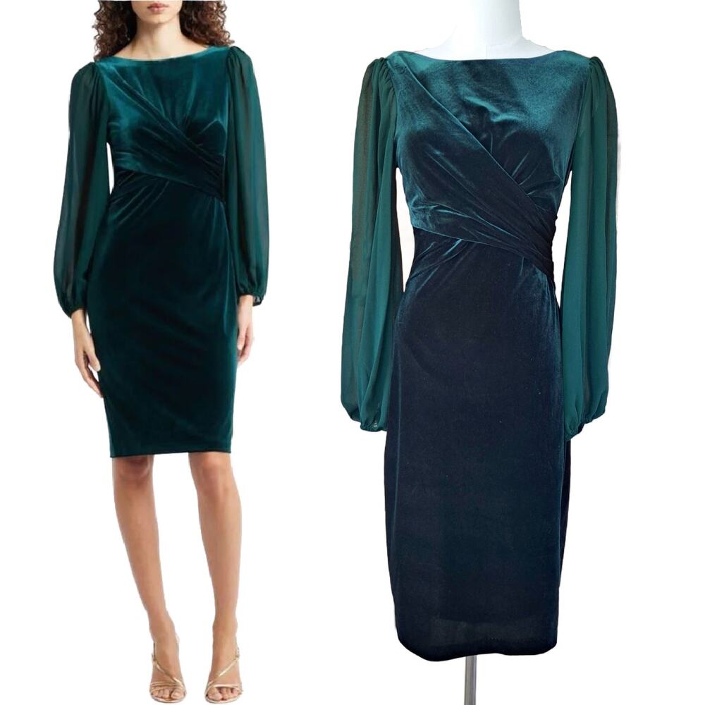 VINCE CAMUTO Green Long Chiffon Sleeve Velvet Sheath Dress Size 4 Cocktail